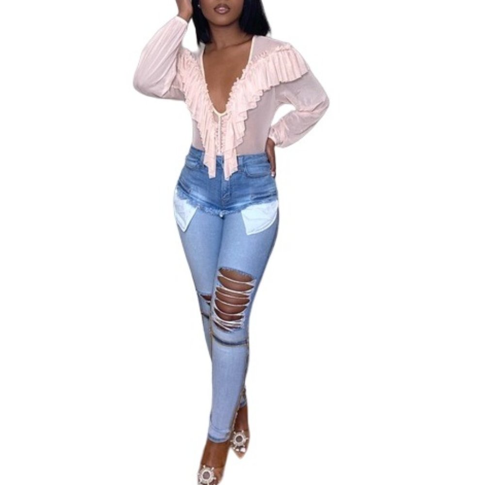 Plunge Deep V Neck - Ruffled Mesh Bodysuit - Size Small - Blush Pink - NWOT